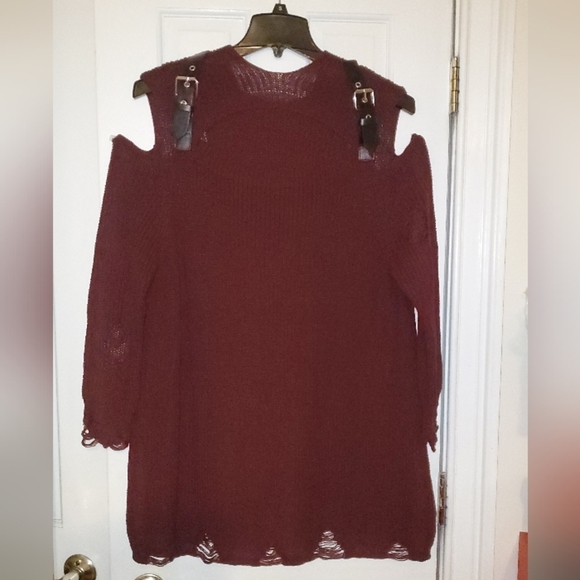 Maroon, off-the-shoulder sweater dress. It has a relaxed fit, long SLEEVES 1XL - Picture 8 of 9